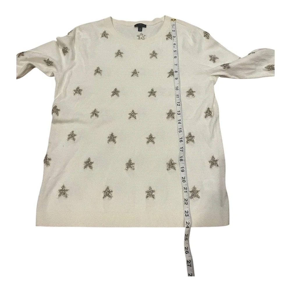 Talbots‎ Womens Cream Gold Tinsel Star Embroidered Crewneck Sweater M Holiday